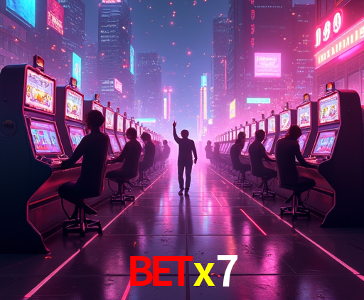 Escena dinámica inspirada en casino con iluminación betx7, cartas, fichas e íconos de juegos digitales en un espacio moderno de juegos.