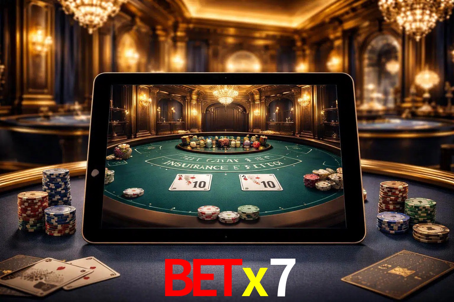 Configuración moderna de casino en vivo con una tableta mostrando una mesa de blackjack, luces cálidas de estudio y una atmósfera elegante de juegos digitales.