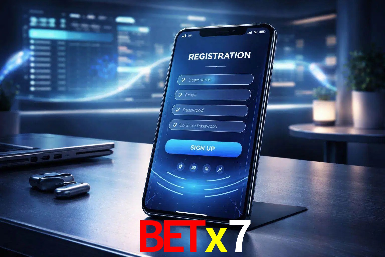 Una interfaz moderna de registro móvil para betx7 mostrada en un smartphone con un panel de apuestas elegante.